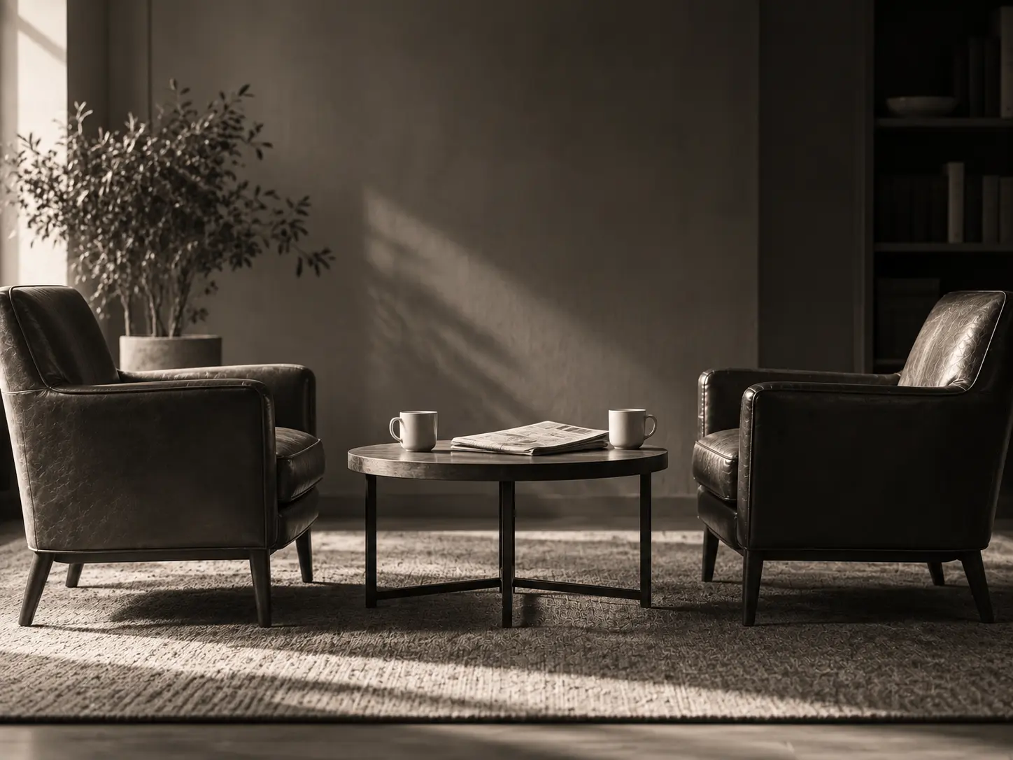 Two armchairs facing each other across a small table with a newspaper and two cups