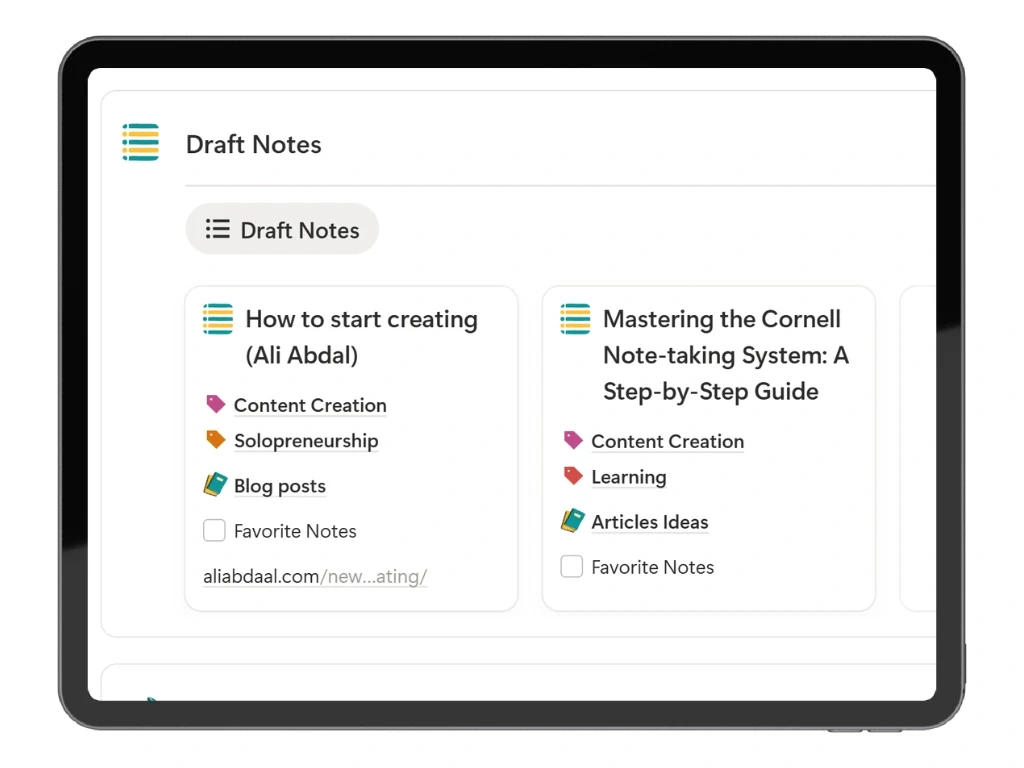 Draft Notes section of the Outline Notes template displaying active notes with tags for learning, solopreneurship, and content creation
