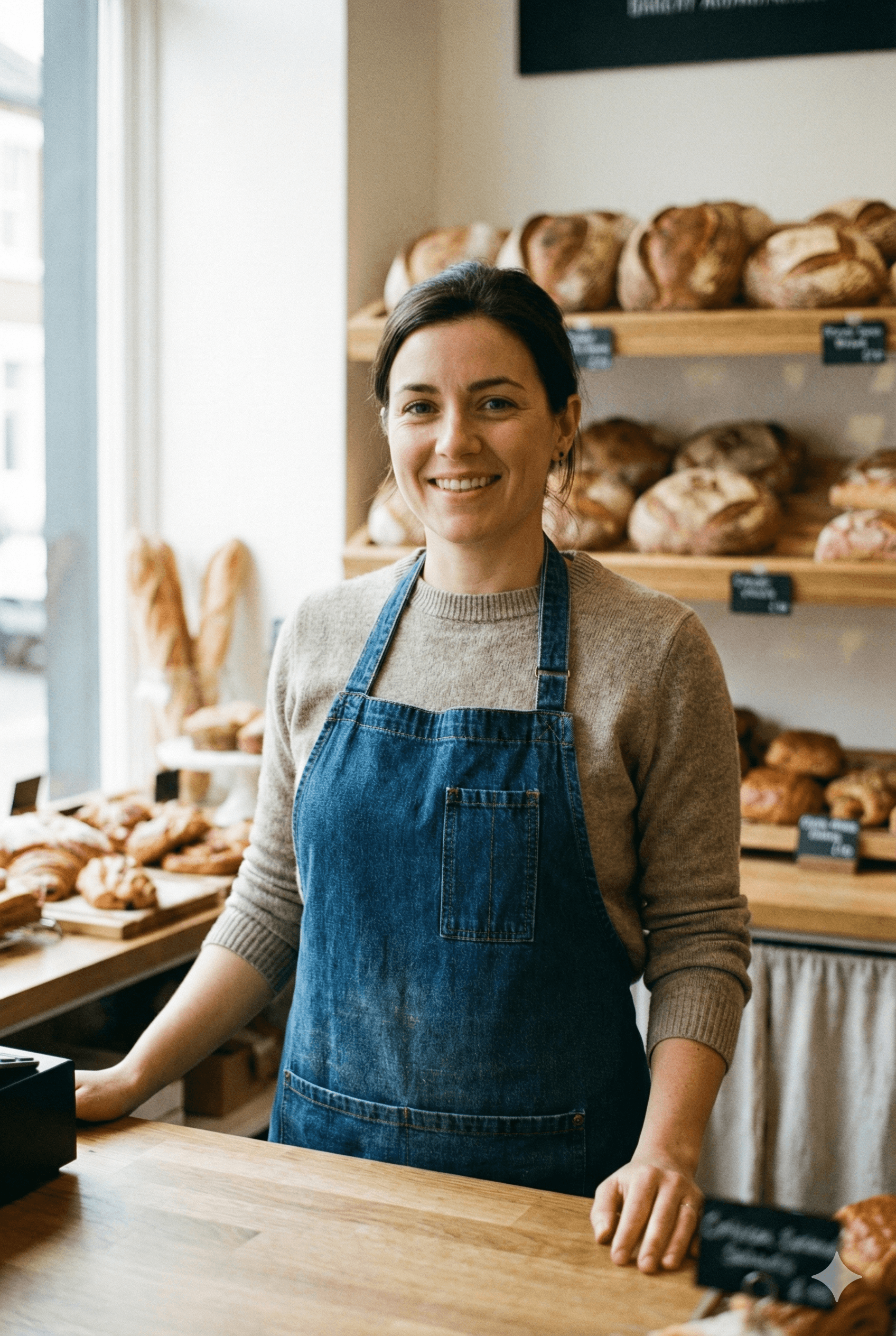 A smiling woman with her arms crossed, standing against a dark green background. She has long, dark hair.