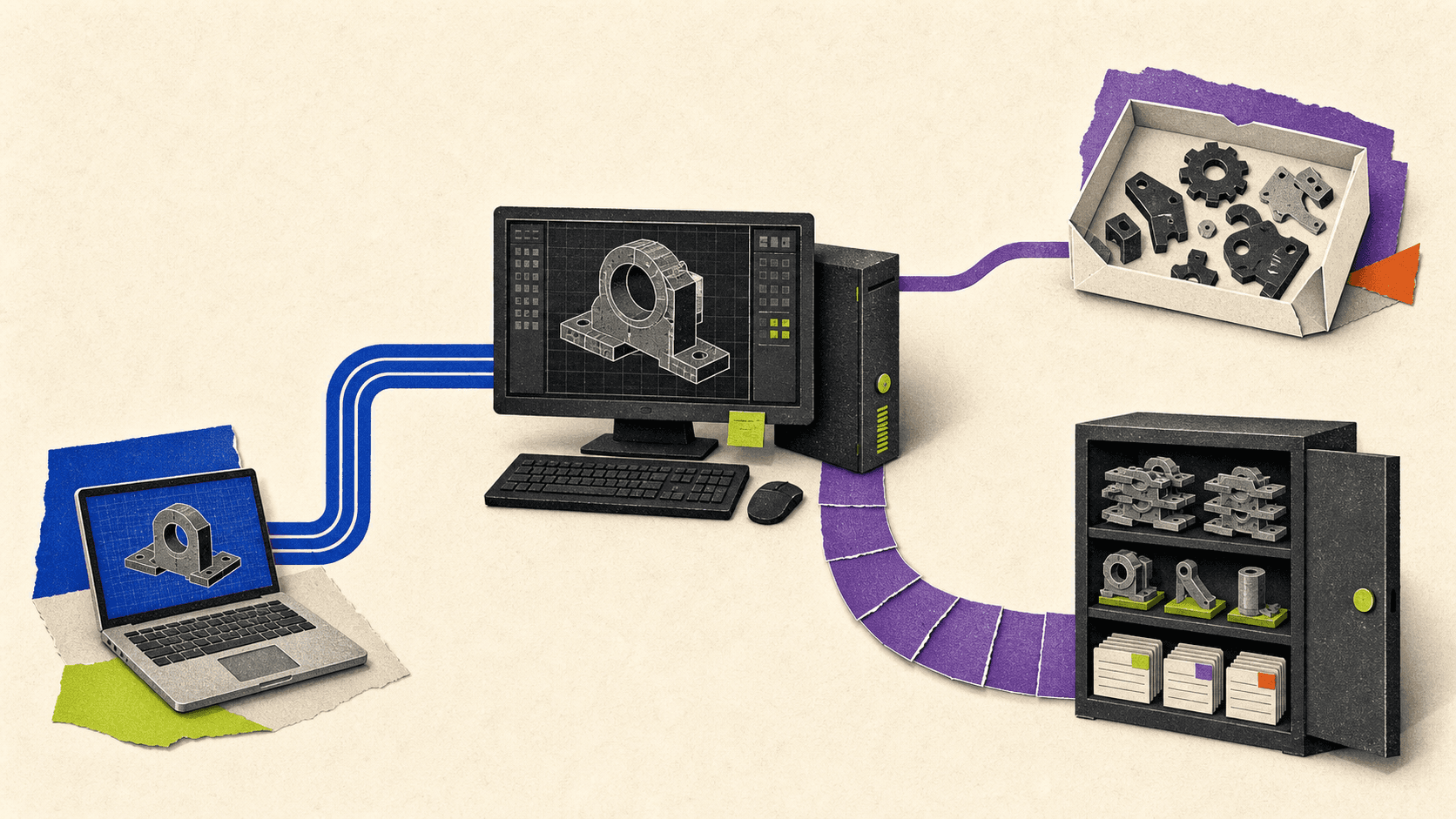 Remote CAD workstation connected separately to a local laptop, project files, and a structured PDM vault.