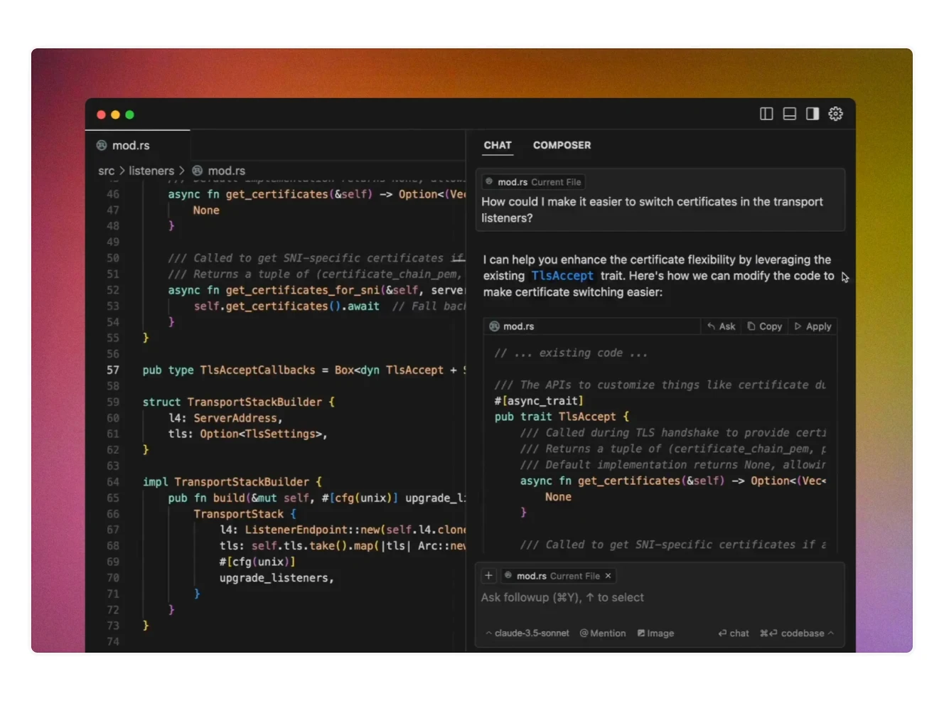 A split-screen coding interface displaying Rust programming code on the left and an AI-generated code improvement suggestion on the right