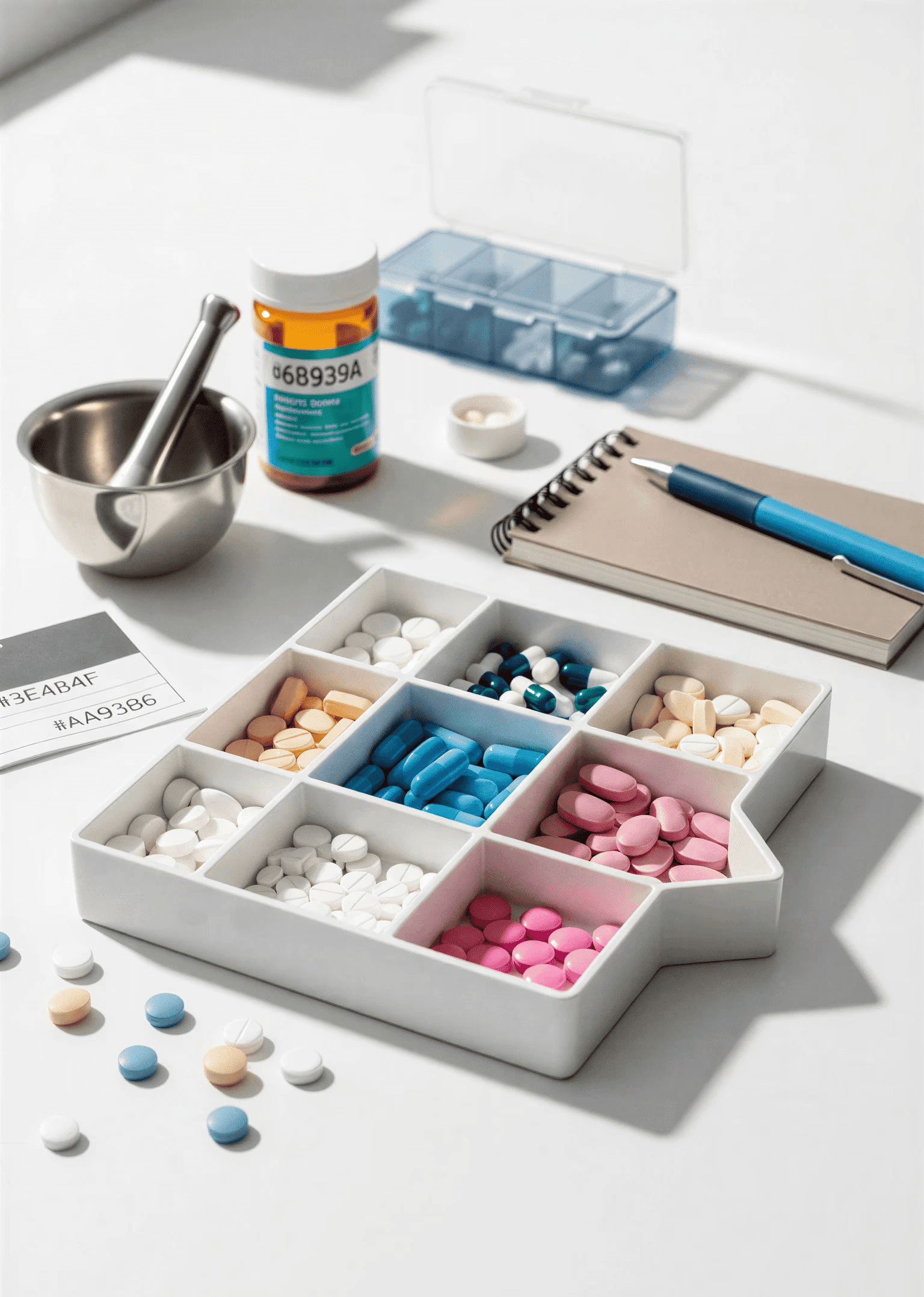 A blurry close-up of pills and a mortar and pestle, symbolizing medication waste.