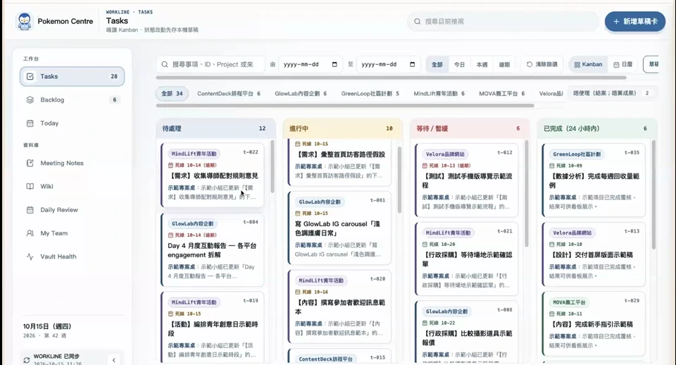 任務按狀態整理；當晚使用 Demo 資料。
