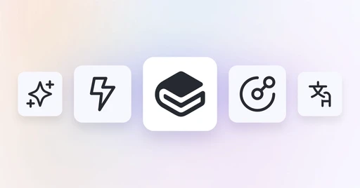 Five minimalist black icons on a light background representing sparkle, lightning bolt, the GitBook logo, APIs, and language translation.