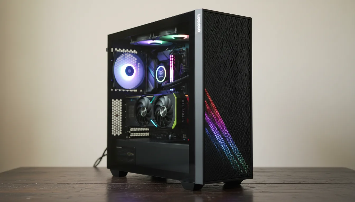 DSLR photography of a modern Lenovo Legion gaming PC tower, placed on a dark, textured wood table against a plain off-white wall. The PC case is matte black with a perforated mesh front and a tempered glass side panel. Inside, components are illuminated with vibrant RGB lighting, featuring a glowing rear fan with a blue and purple hue. A GeForce RTX graphics card is clearly visible. The vertical 'LEGION' logo on the front is lit with a bright rainbow color gradient. The shot is taken from a three-quarters angle under soft, natural daylight, with a sharp focus on the computer.