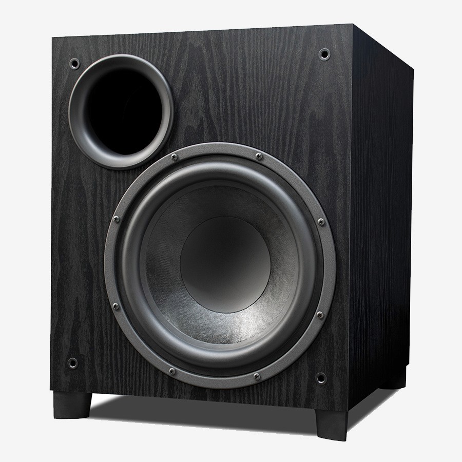 Black woofer with port on white background