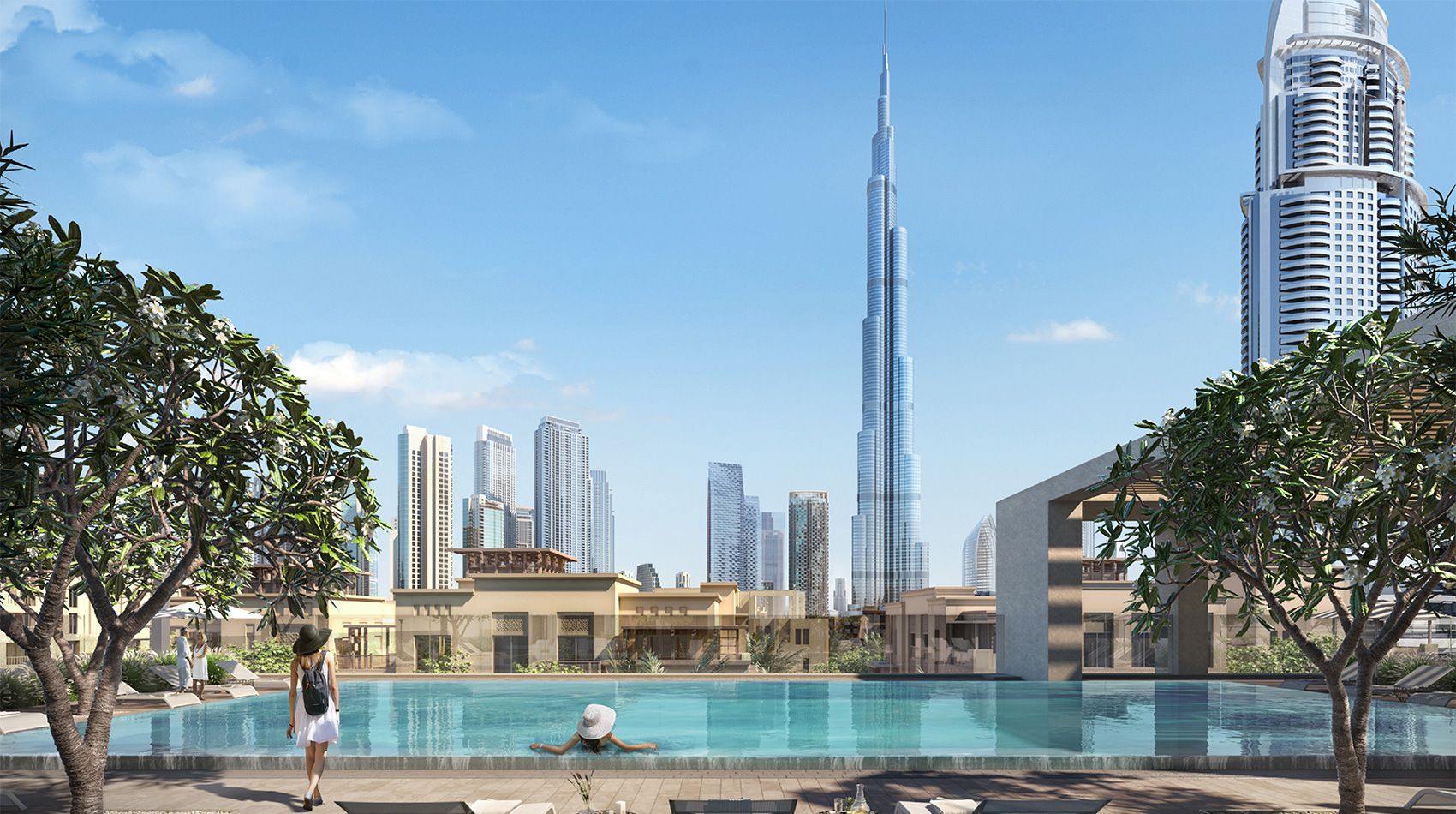 Infinity pool deck with direct Burj Khalifa views, showcasing premium amenities for residents and investors.