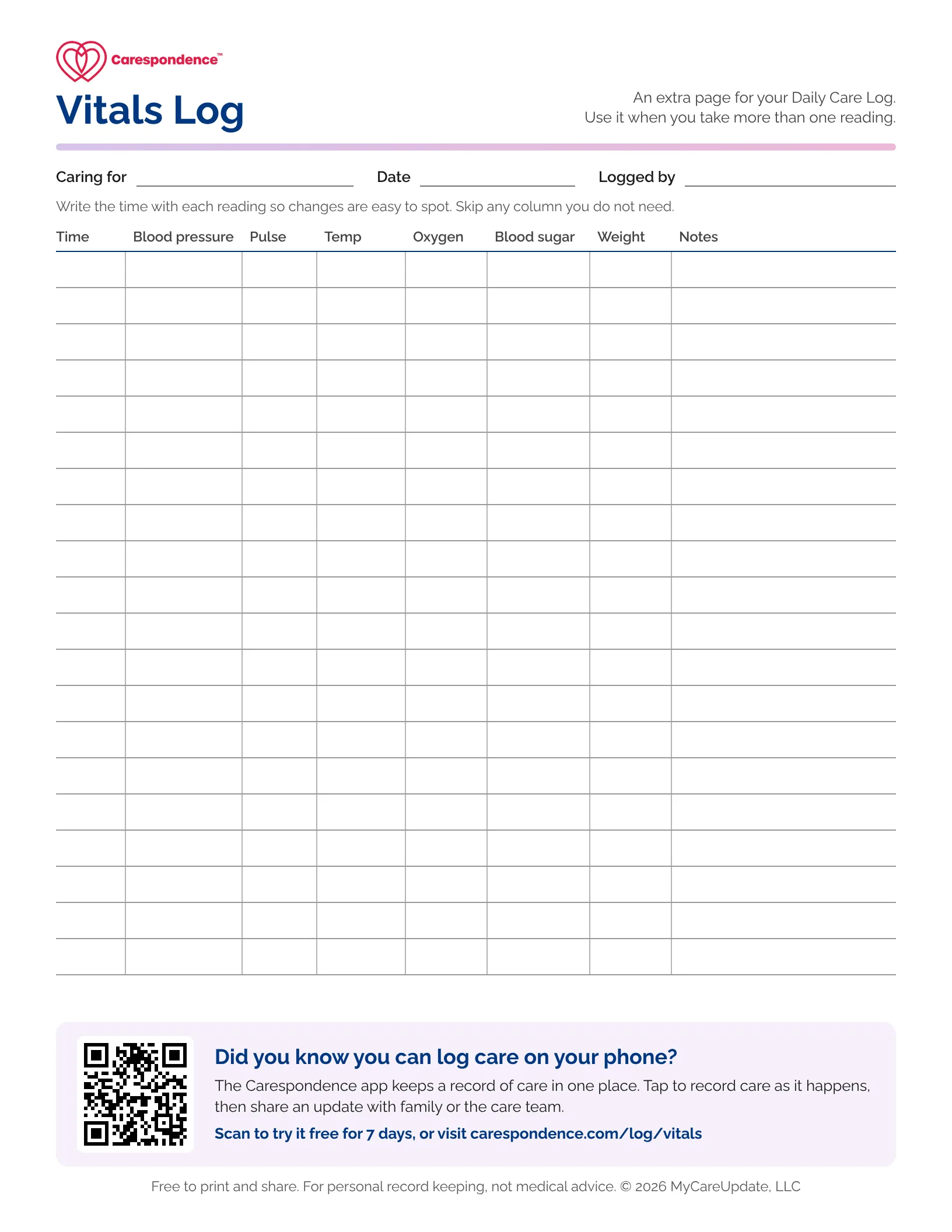 Preview of the Carespondence printable vitals log, with columns for time, blood pressure, pulse, temperature, oxygen, blood sugar, weight, and notes.