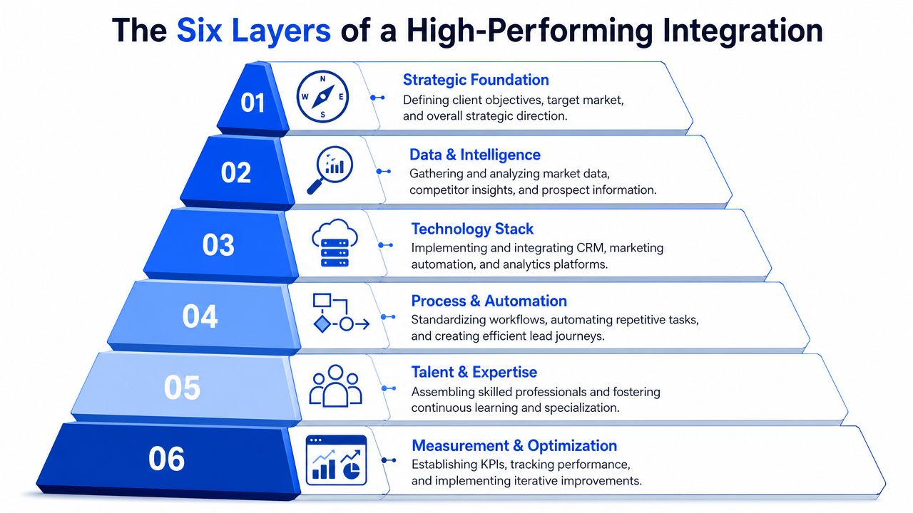 A diagram illustrating the six essential layers of a high-performing business integration pyramid strategy.