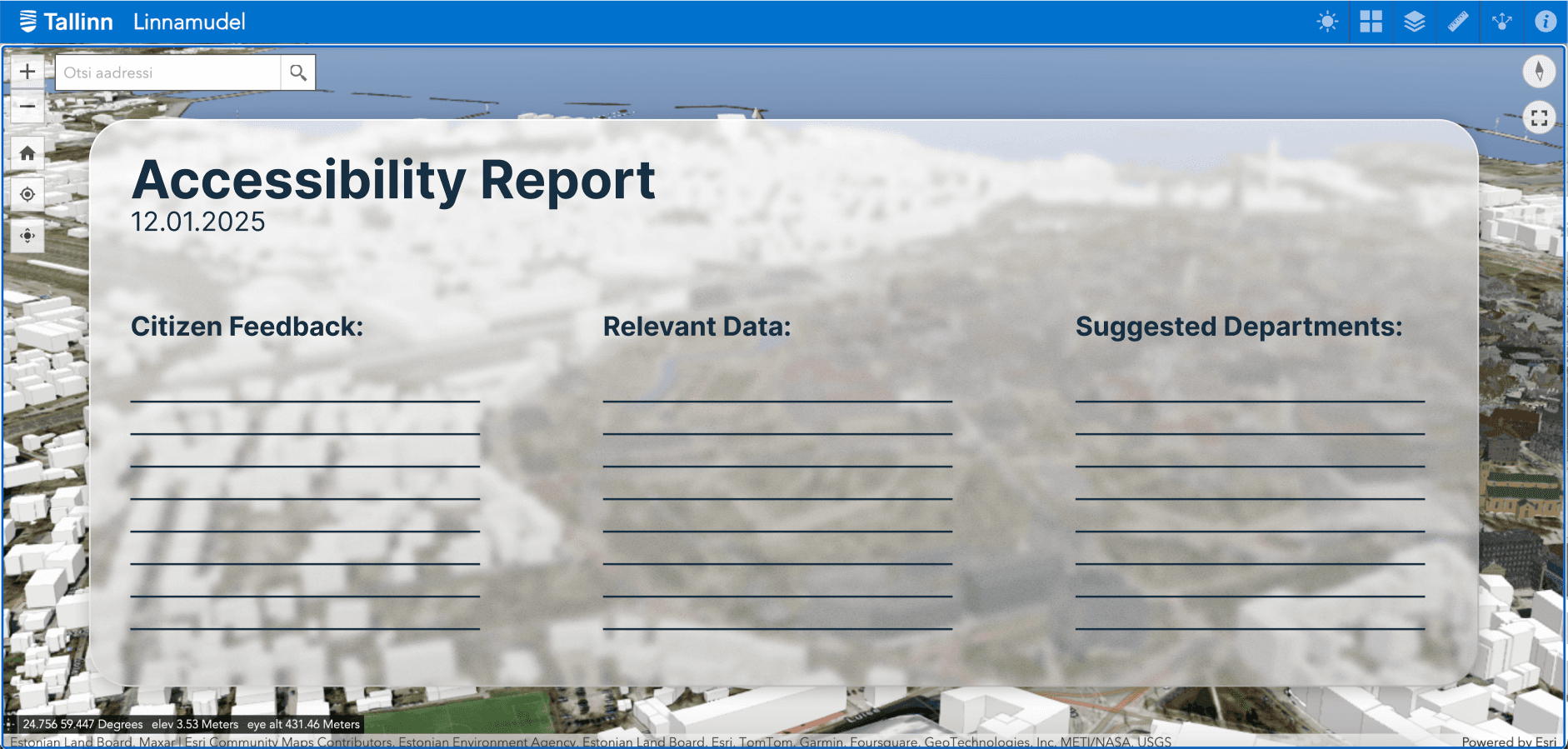 laptop screen prototype of TwinSight, showing the platform and a popup of an Accessibility Report for the city governent that has the sub-categories "Citizen Feedback", "Relevant Data", and "Suggested Departments".