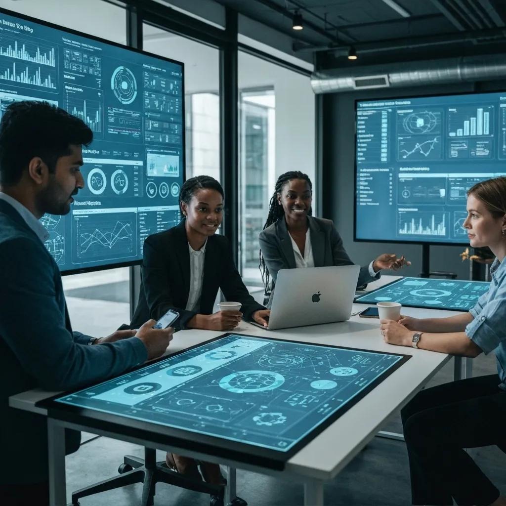 A diverse marketing team collaborating with AI tools in a modern office
