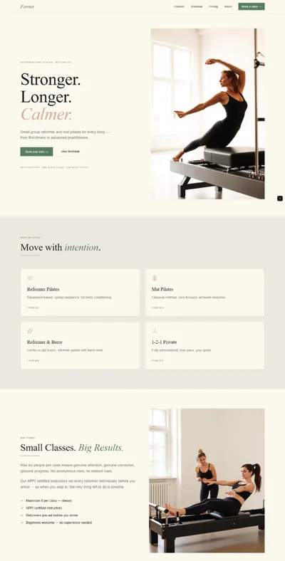 Pilates studio website prompt — sage green and warm white reformer pilates studio website design preview