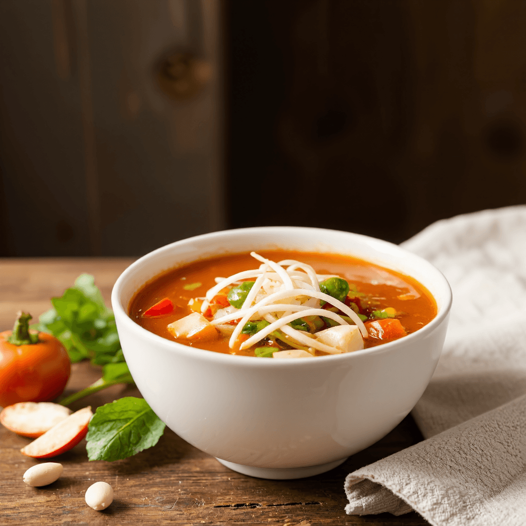 product photography of bowl of soup with vegetables and noodles