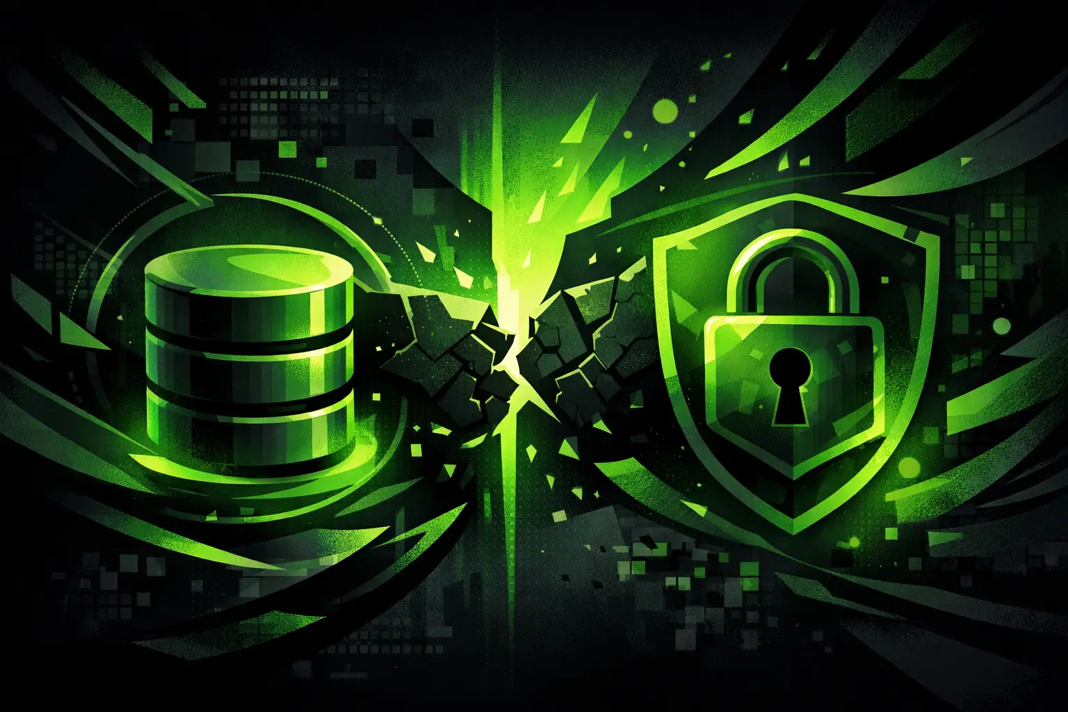 Green digital illustration of a database cylinder cracking apart on one side and a shielded padlock intact on the other, representing fixing public Supabase database access