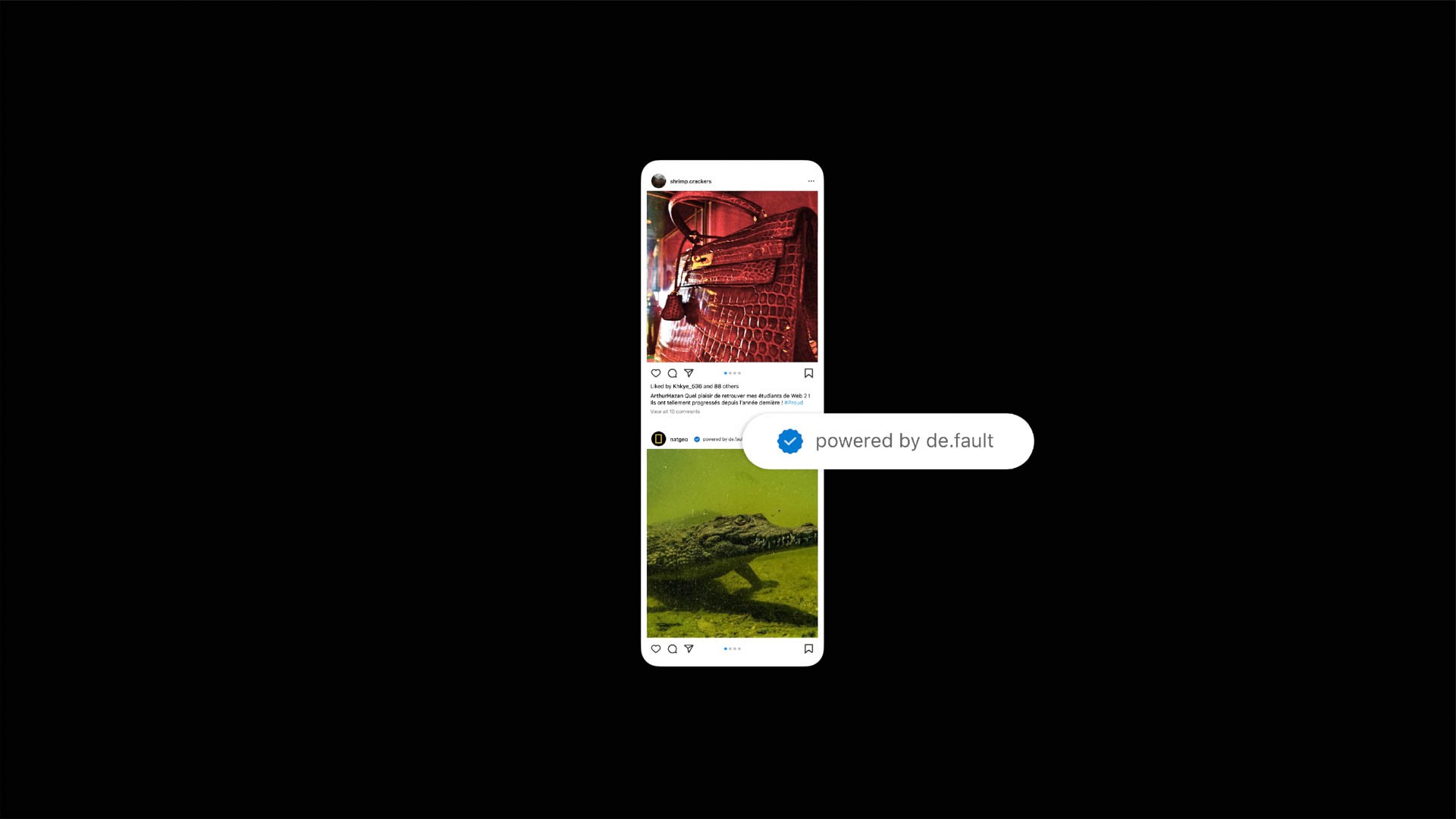 A smartphone displays two images stacked vertically. The top image shows a red handbag with gold hardware against a black background. The bottom image depicts a green crocodile in a naturalistic setting with green water and a black border. A white banner across the screen reads “powered by de-fault”. The phone’s status bar shows “Led By: Ayesha 2/28/2021” and “Led By: Ayesha 2/28/2021”. The background is solid black.