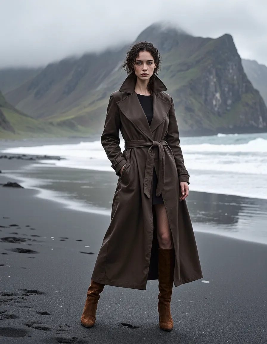 Fashion photography featuring a brown trench coat against dramatic Icelandic black sand beach with misty mountains and crashing waves