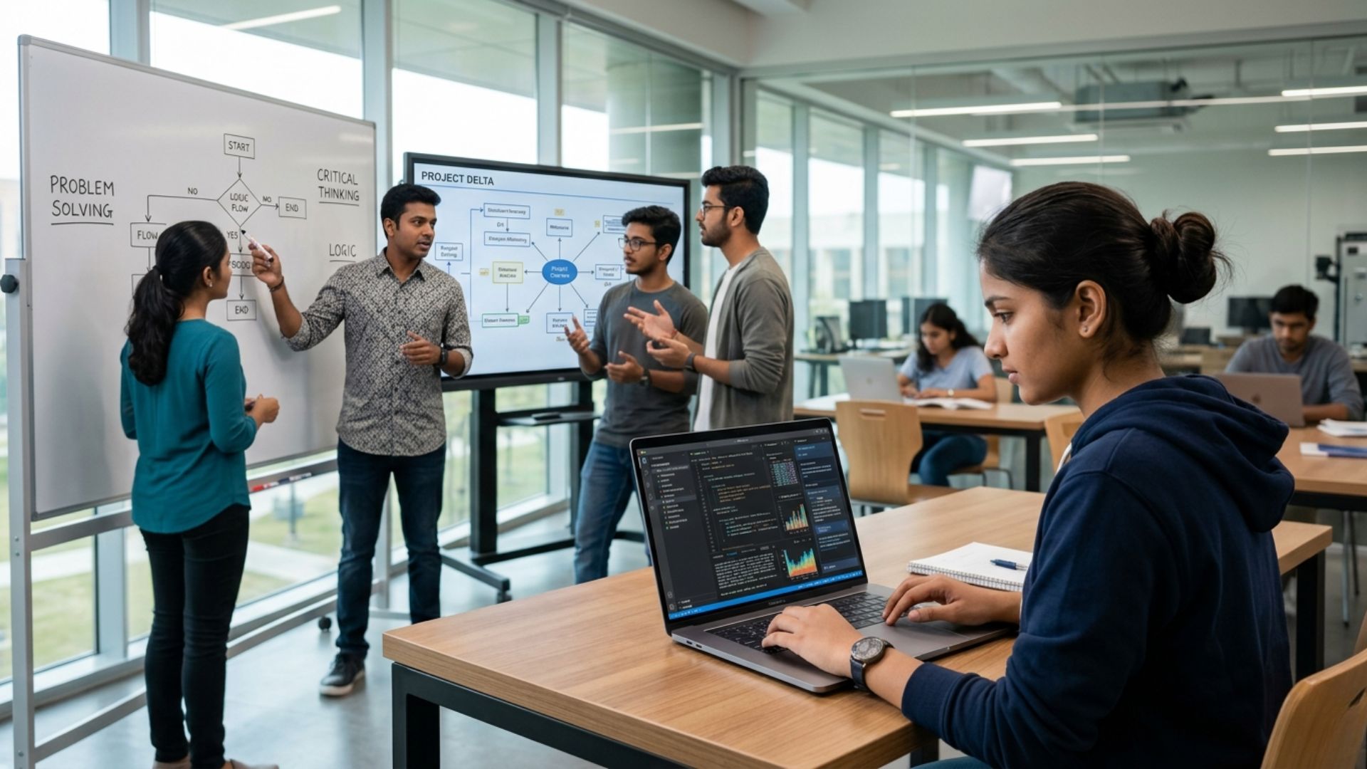 Students are developing problem-solving and technical skills in a classroom while exploring which careers are safe from AI