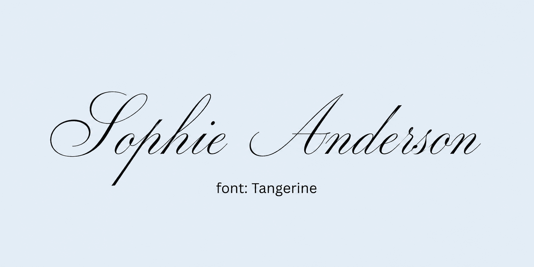 Sample name signed in a cursive signature font on a light background, with the font name labeled below.