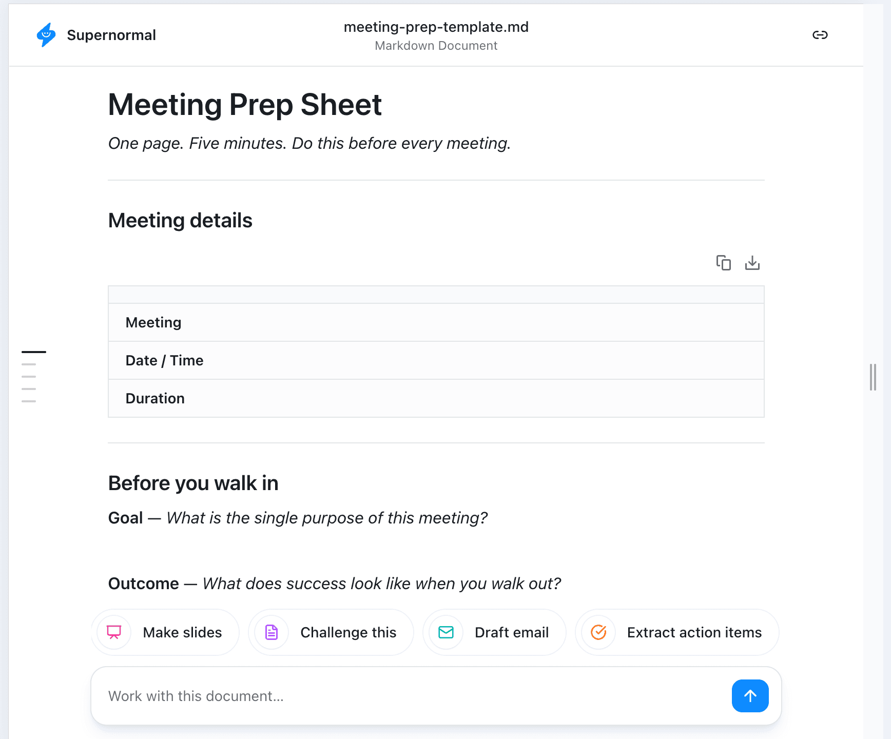 A screeshot from showing a meeting prep template created by Supernormal