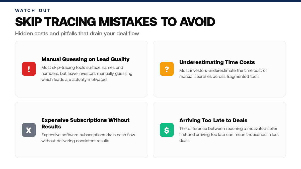 Skip Tracing for Real Estate Investors: Free Tools vs. Paid Software (2026 Comparison) — warning-callouts
