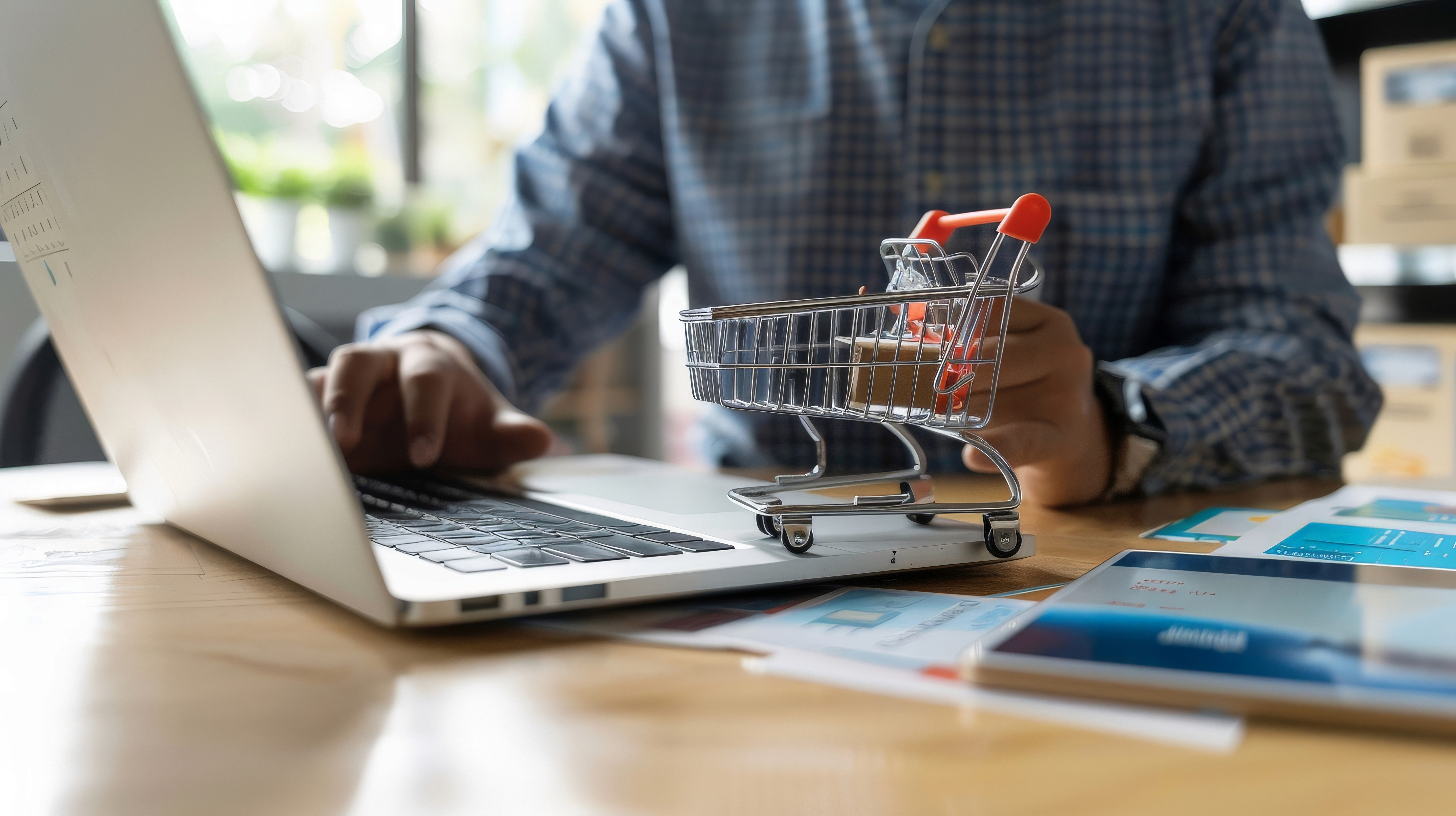 Person shopping online, holding credit card and mini cart