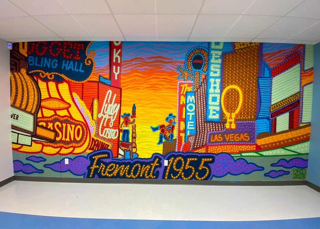 dot style mural of skyline