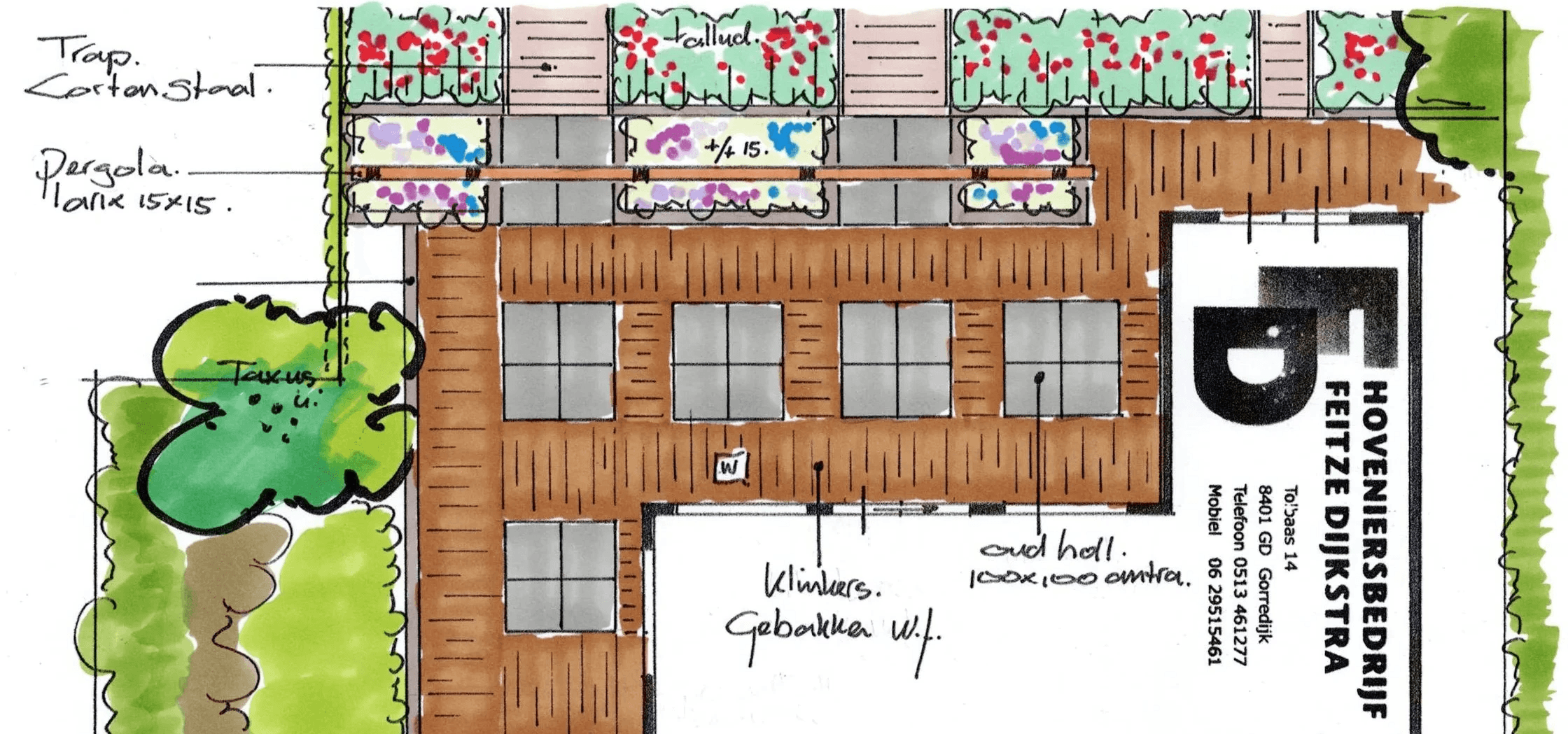 Handgetekend tuinontwerp met rustiek terras van oud-Hollandse tegels en klinkers, plantenborders en trap naar lagere tuin.