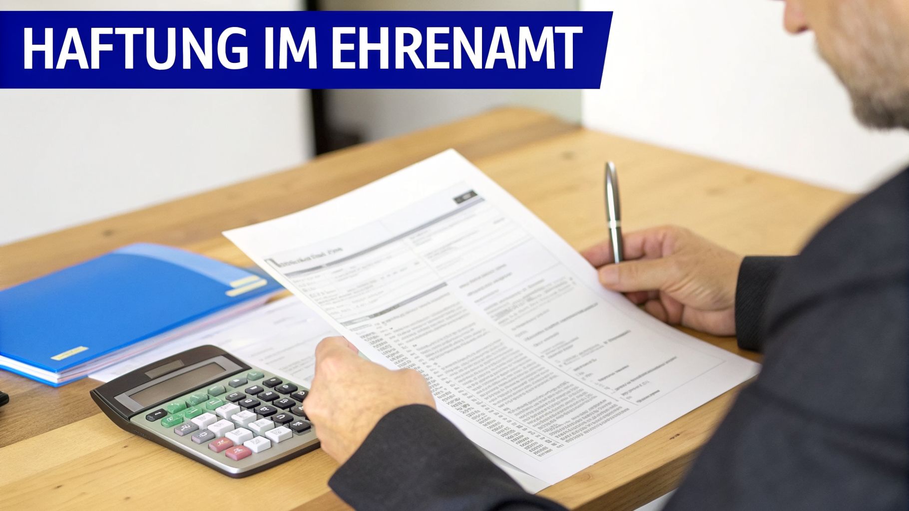 Person am Schreibtisch prüft Unterlagen mit Taschenrechner und Ordner; Überschrift „Haftung im Ehrenamt“.