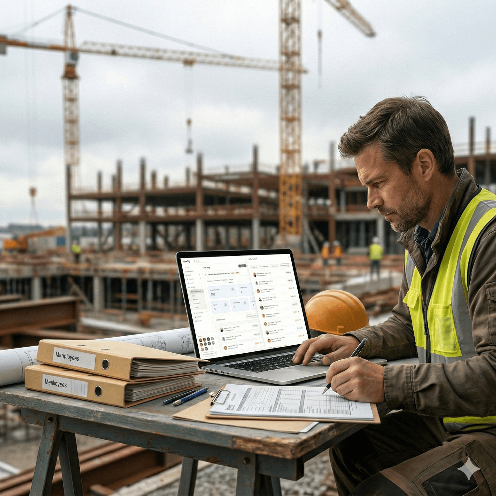 Byggarbetare sitter med papper med en arbetsplats i bakgrunden.