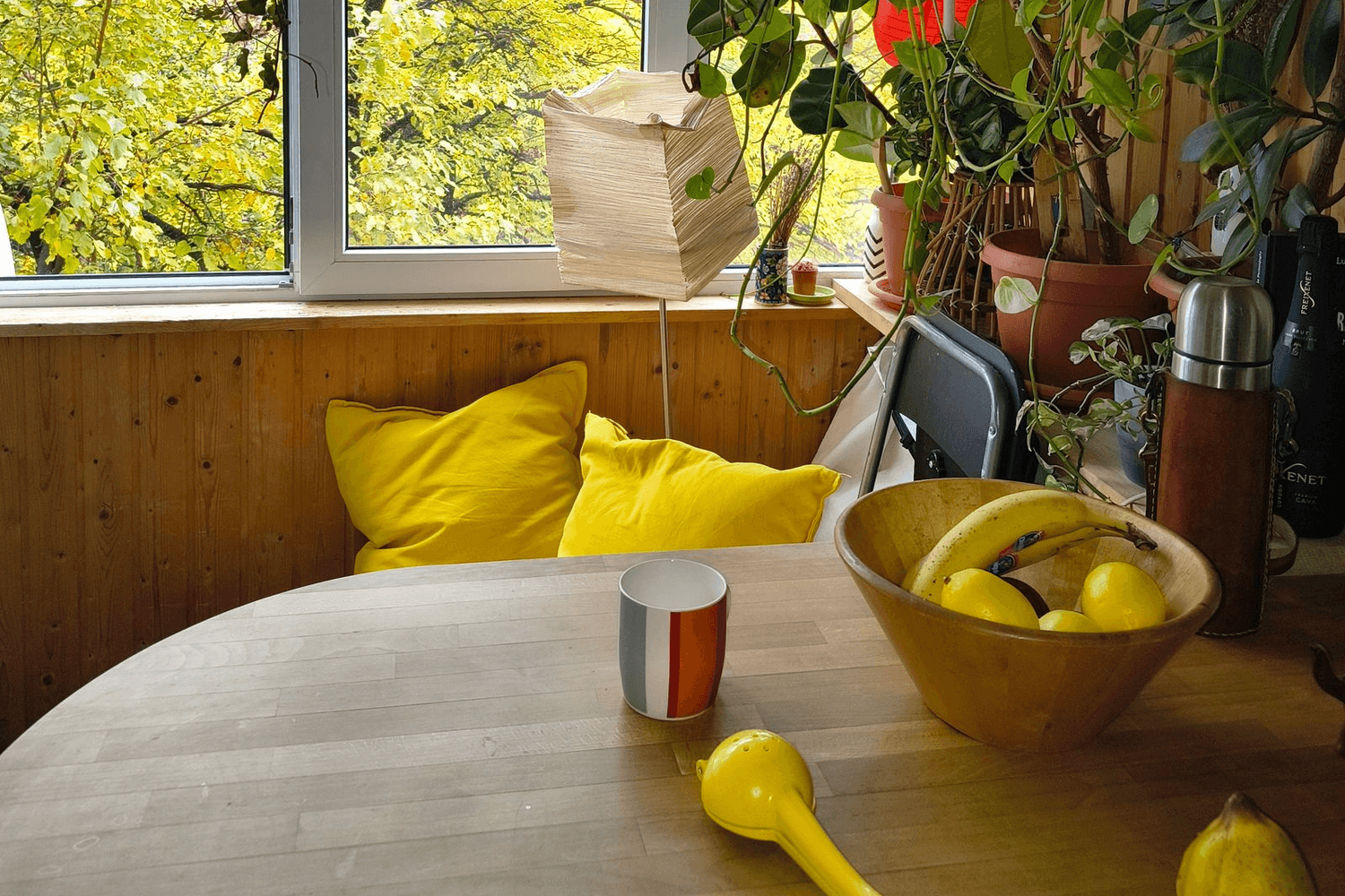 A sunlit kitchen corner with a wooden table, a bowl of fruit, cushions on the bench and plants at the window.