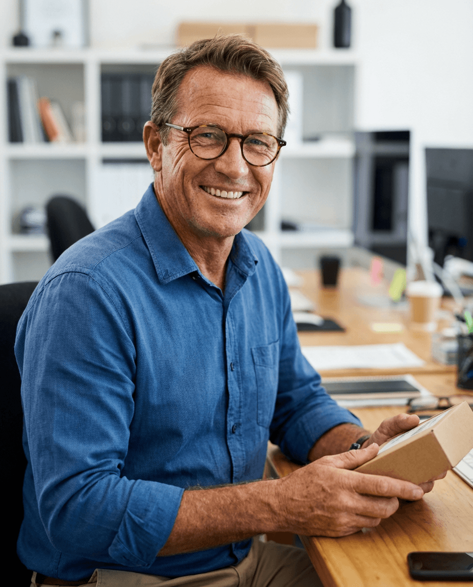 man wearing green crew-neck top and eyeglasses happy with his purchase of WTFox.ai solution