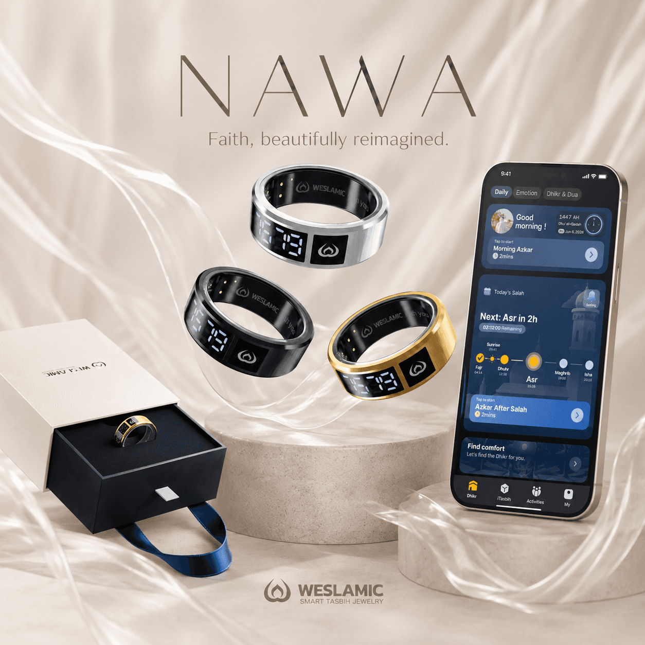 WESLAMIC iTasbih NAWA smart Tasbih ring shown in Solar Gold, Lunar Silver and Onyx Black beside its gift box, with the WESLAMIC app open on a phone