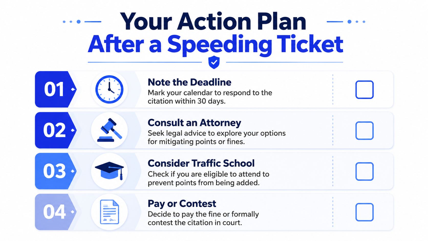 A four-step infographic providing advice on what actions to take after receiving a speeding ticket citation.