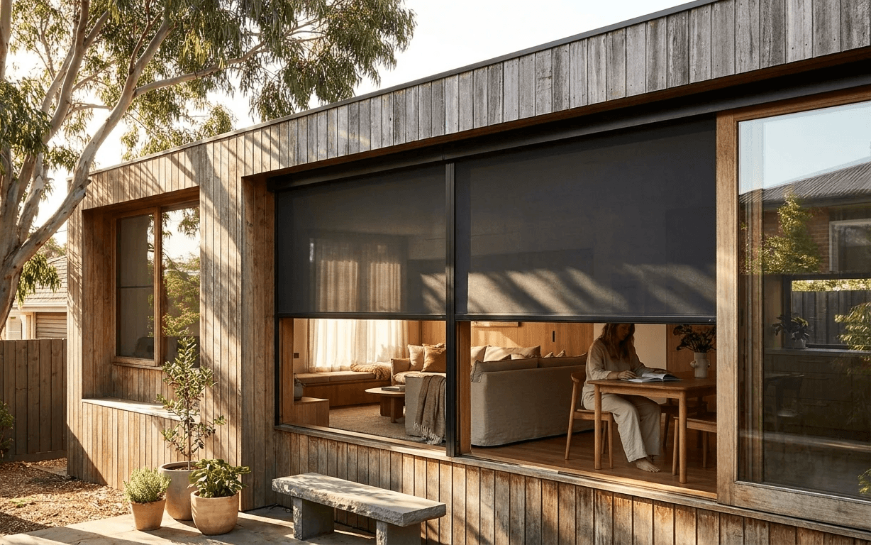 Exterior blinds shading a west-facing window on a hot day