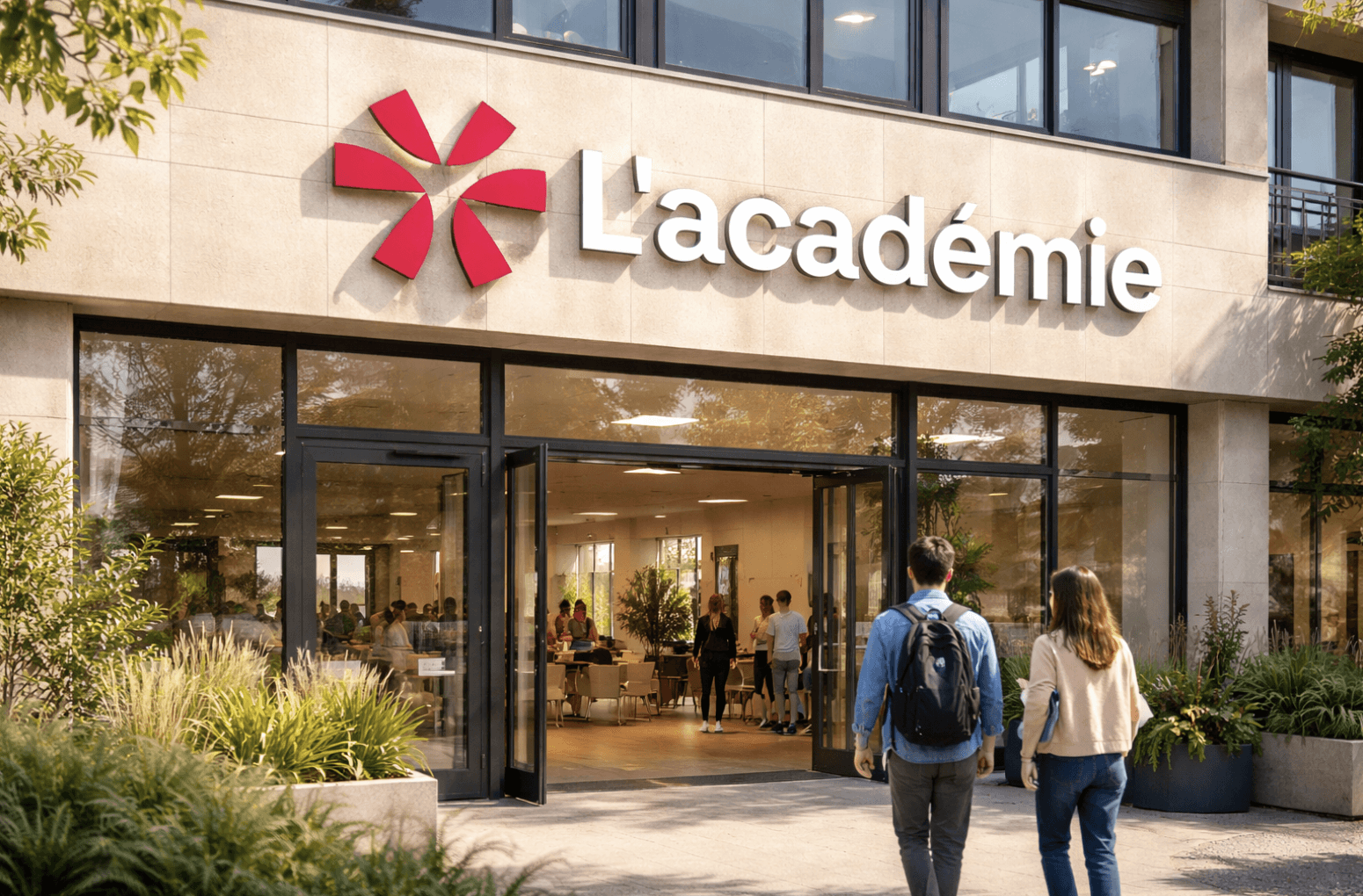 Façade du campus de L’Académie à Neuilly-sur-Seine avec le logo rose et l’enseigne « L’académie » au-dessus de l’entrée vitrée.