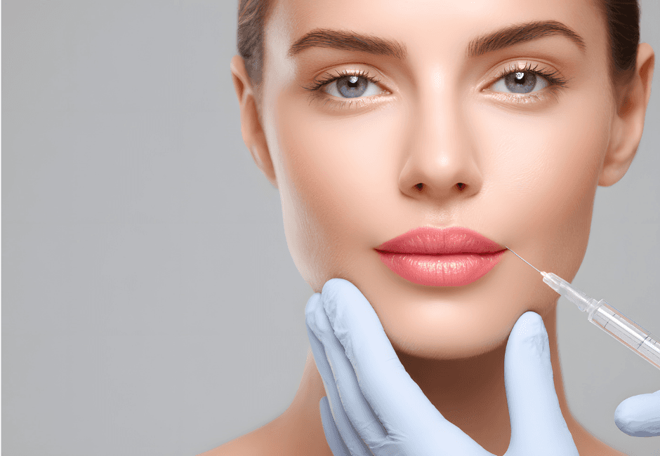 Close-up portrait of a woman with long red hair, closed eyes, and a soft expression, against a beige background
