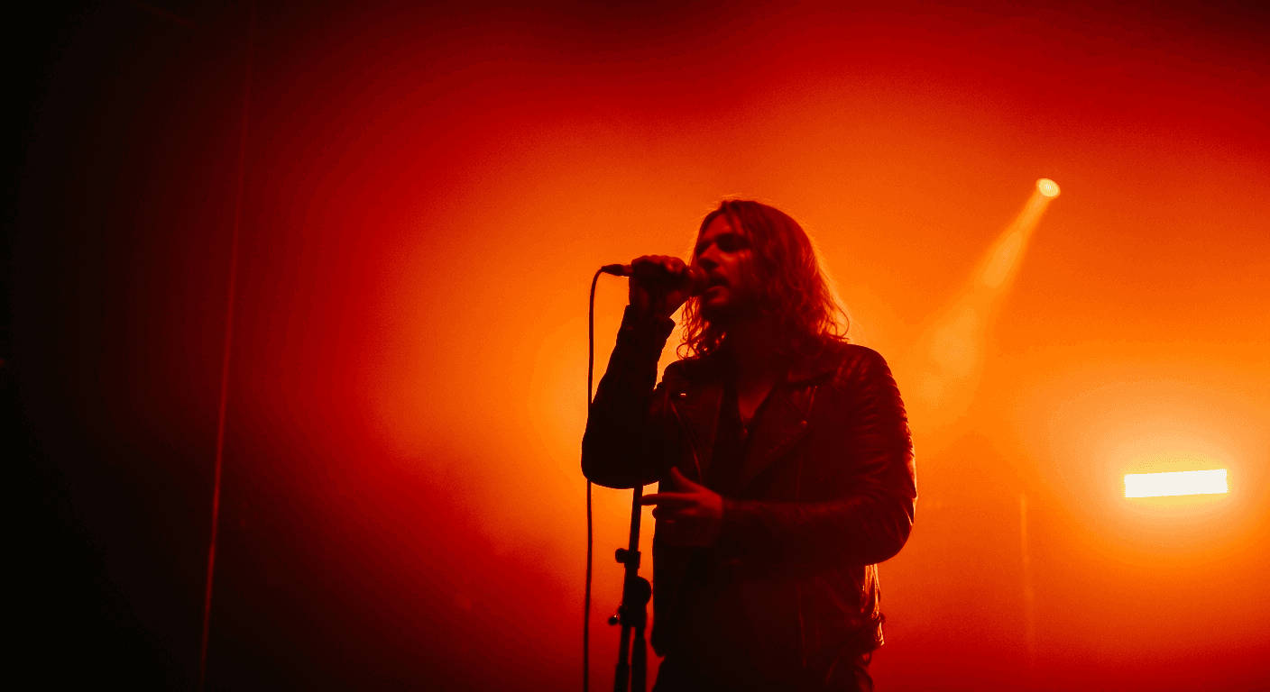 Musician playing electric guitar under red lights