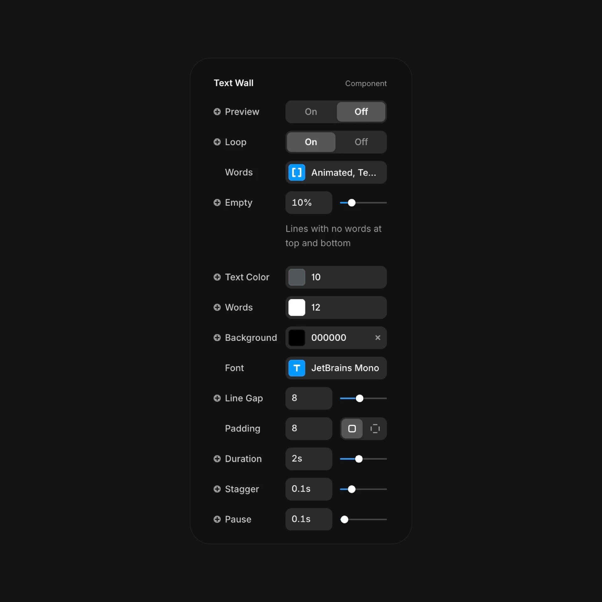 Text wall component settings with animation and styling controls