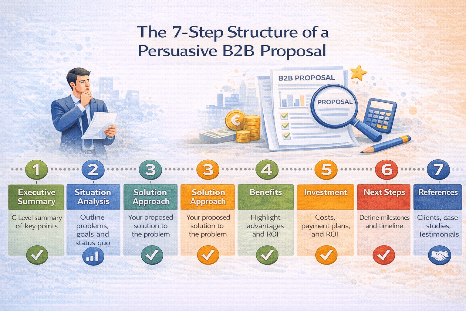 Infographic showing the 7-step structure of a persuasive B2B proposal