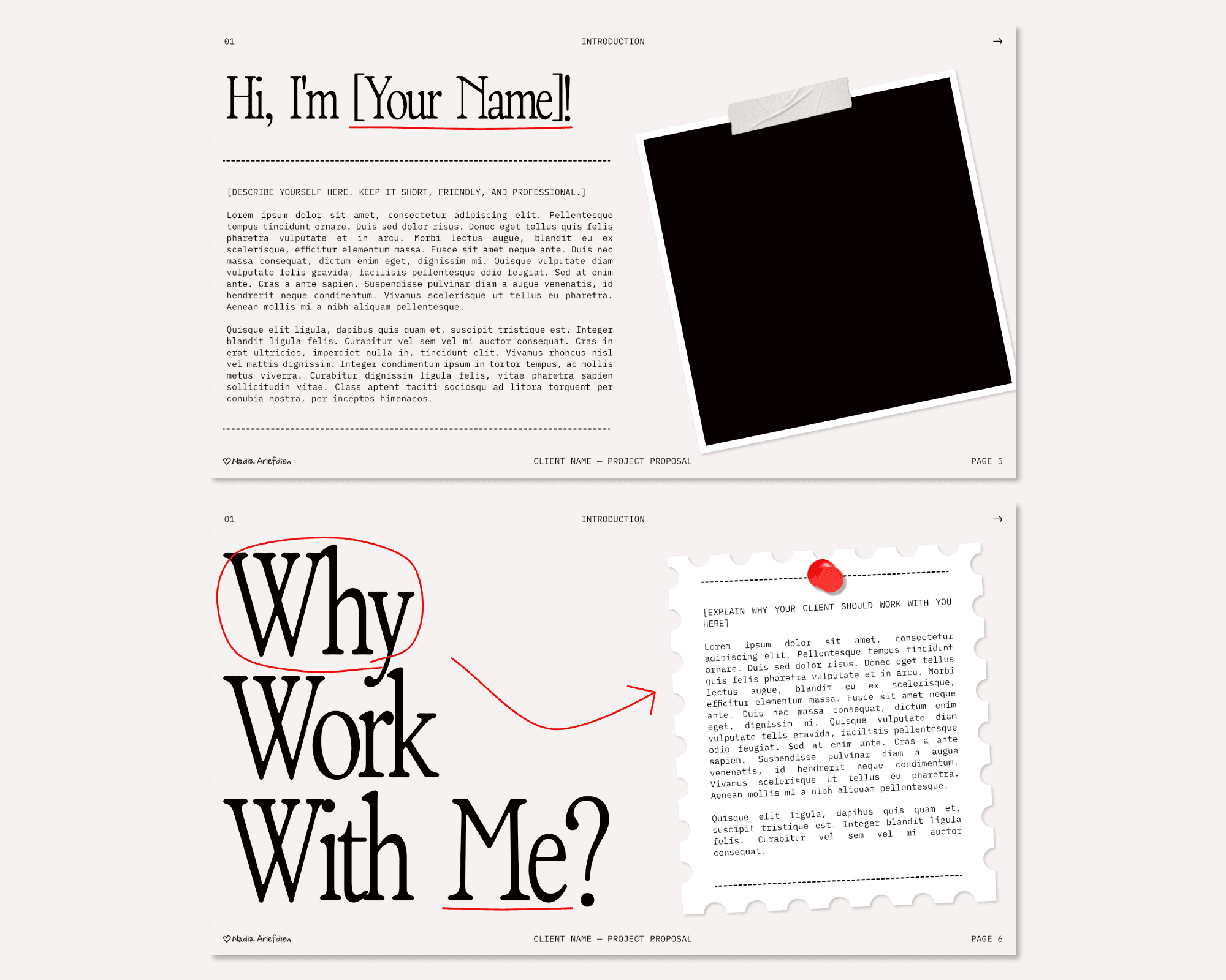 Two pages from Nadia Ariefdien's Project Proposal Presentation Template.