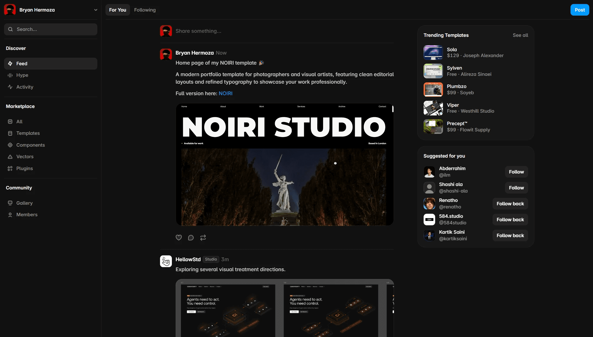 Official Framer Community platform dashboard highlighting user posts, trending templates, and community navigation options.