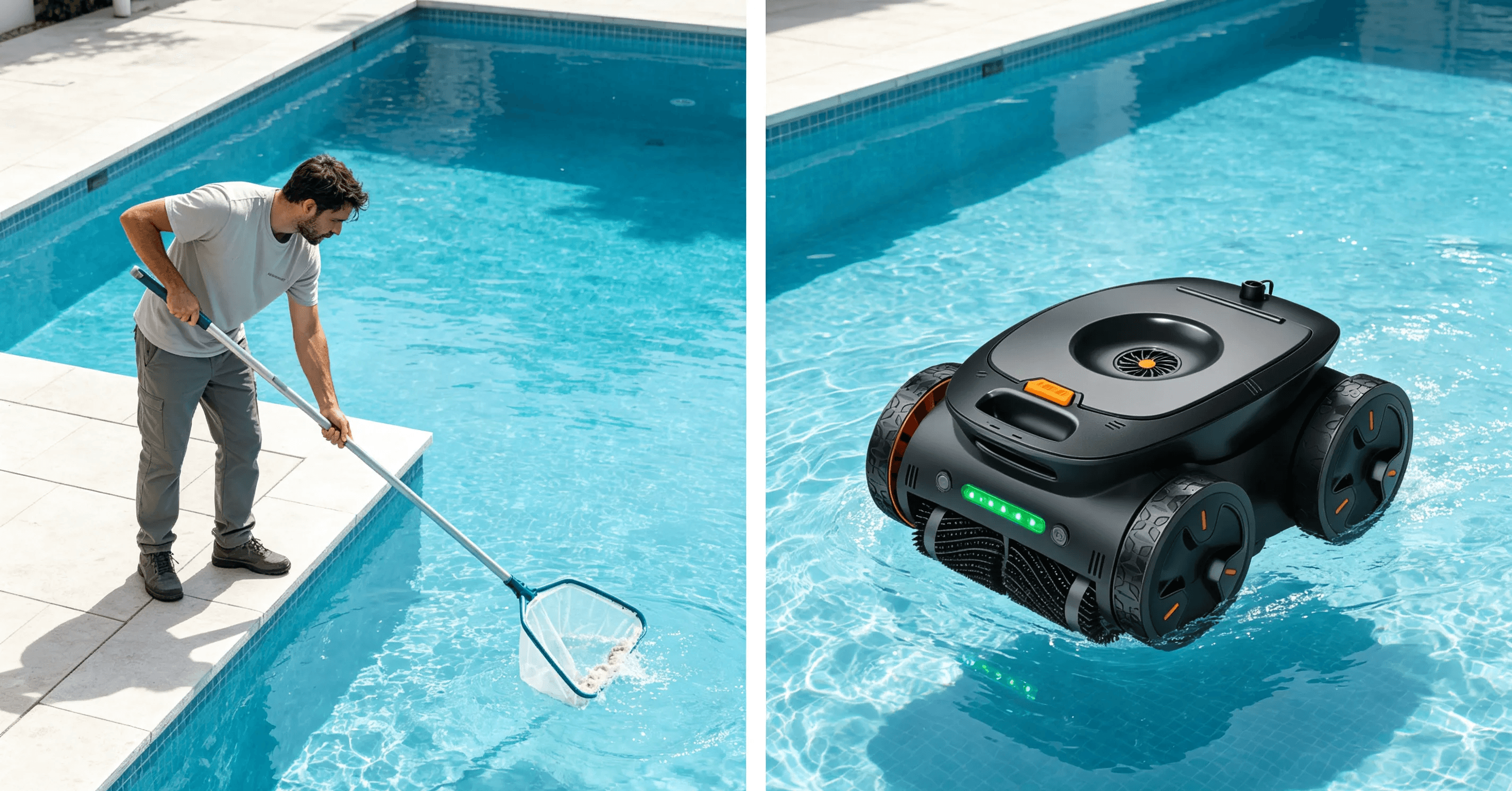 Comparison between manual pool cleaning and robotic pool cleaner operation