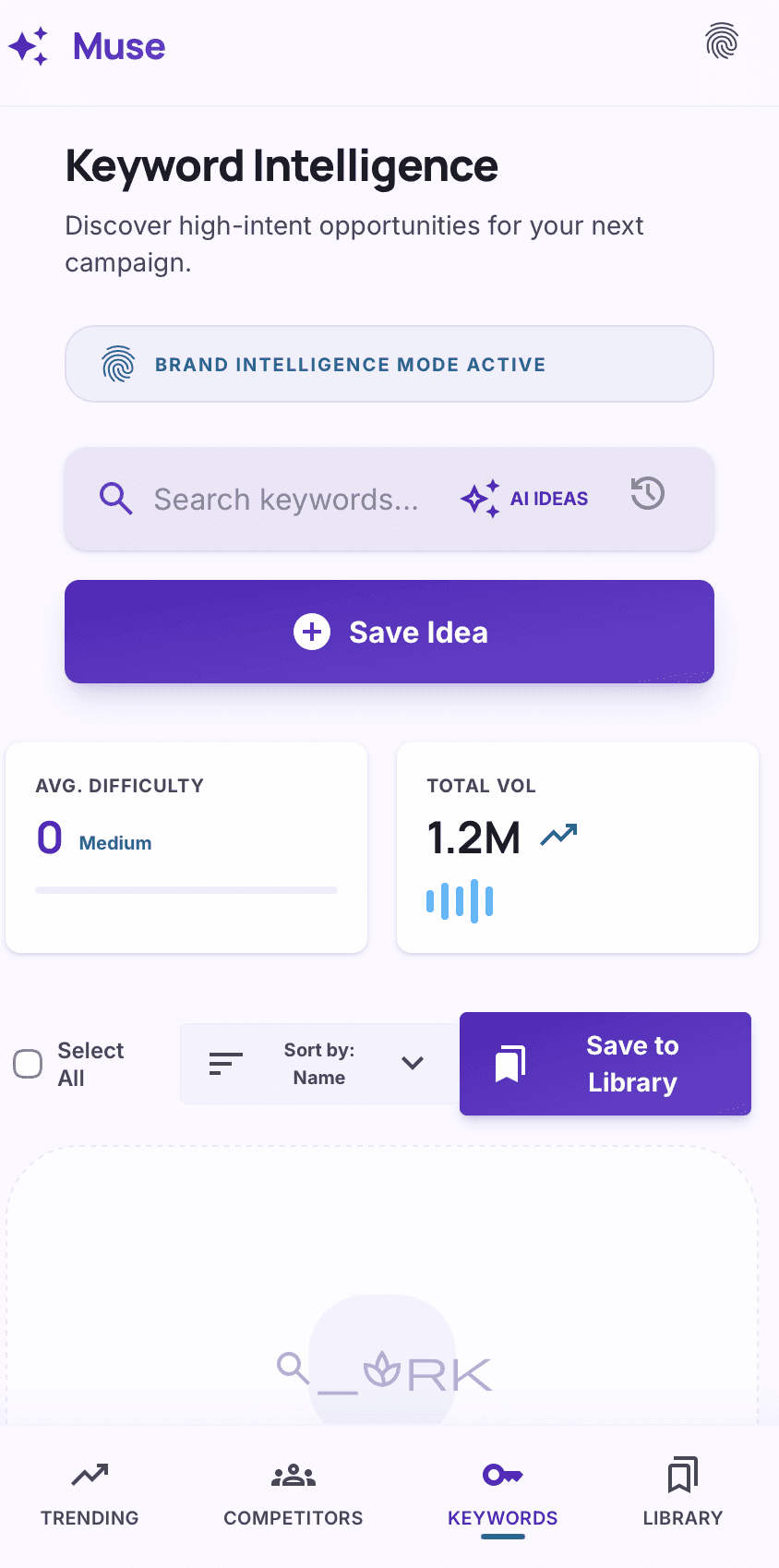 Keyword Page. Where users would be able to search keywords, save keywords, use AI to generate keywords that optimize SEO for their content, and create folders for different idea