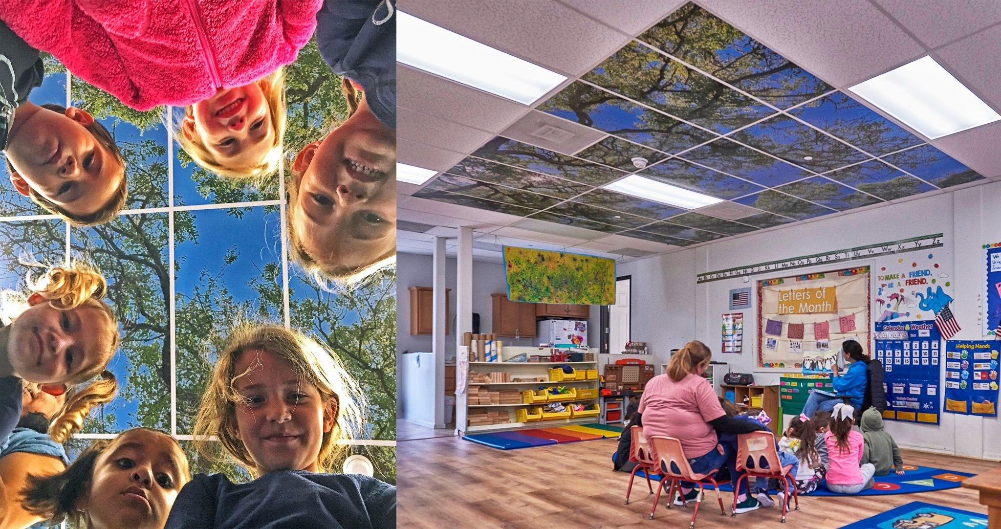 Children looking down at the camera on the left; a classroom on the right with a ceiling decorated like a tree canopy, students, and teachers gathered on a rug.