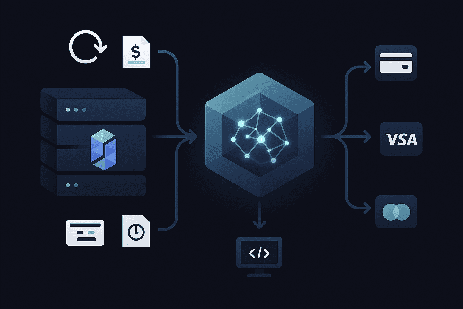 Isometric flow diagram of a billing system sending data to an AI engine that returns webhook retries to multiple payment