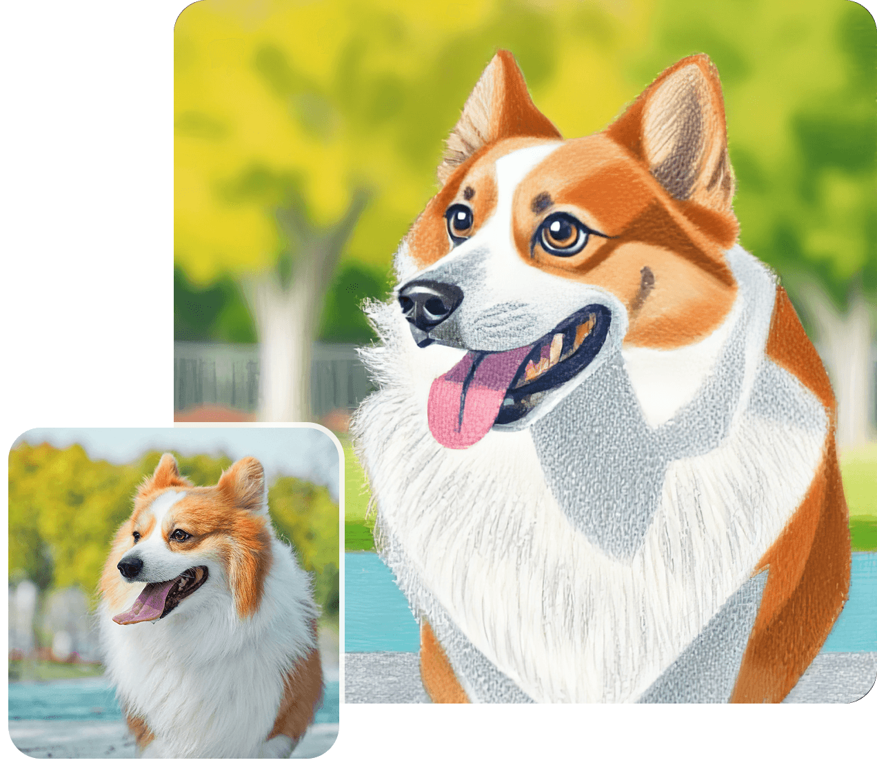 Digitally enhanced corgi portrait using AI pet cartoon filter, featuring a smiling orange and white corgi with expressive blue eyes against a green park background. The stylized illustration showcases the filter's ability to transform pet photos into vibrant cartoon artwork while maintaining the dog's characteristic features and friendly expression.