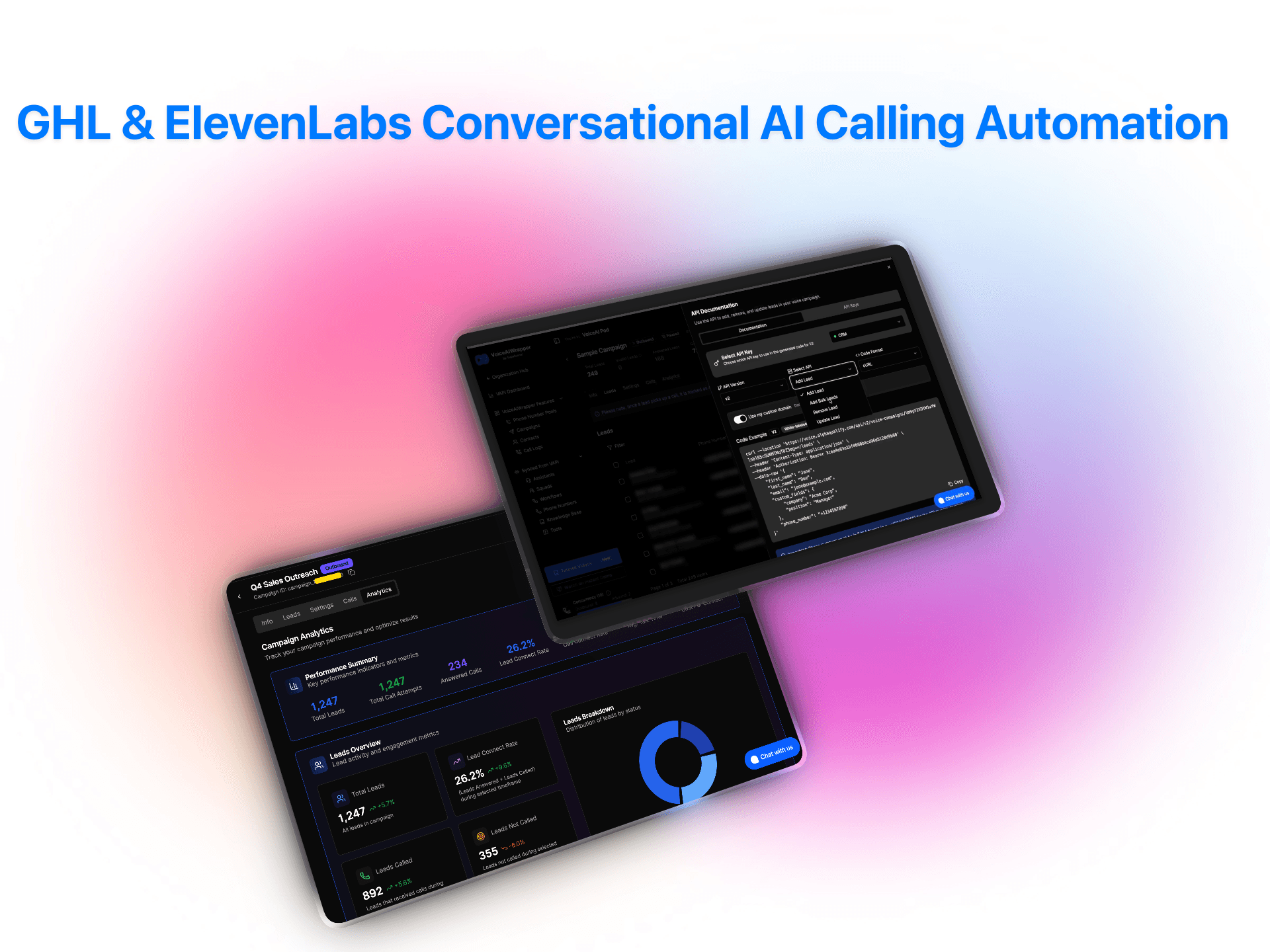 GHL ElevenLabs conversational AI calling automation dashboard showing campaign analytics and performance metrics interface | VoiceAIWrapper
