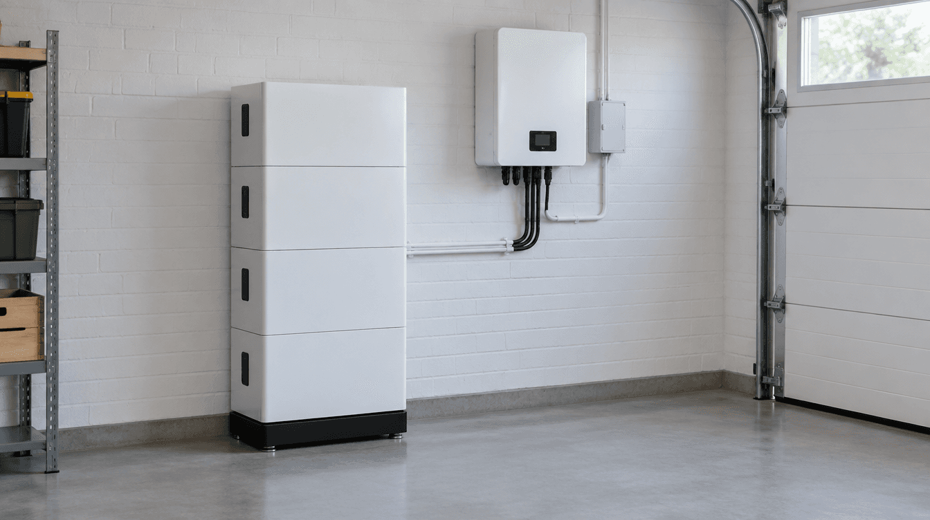 A tall stack of four white battery modules on a black base beside a hybrid inverter in a garage.