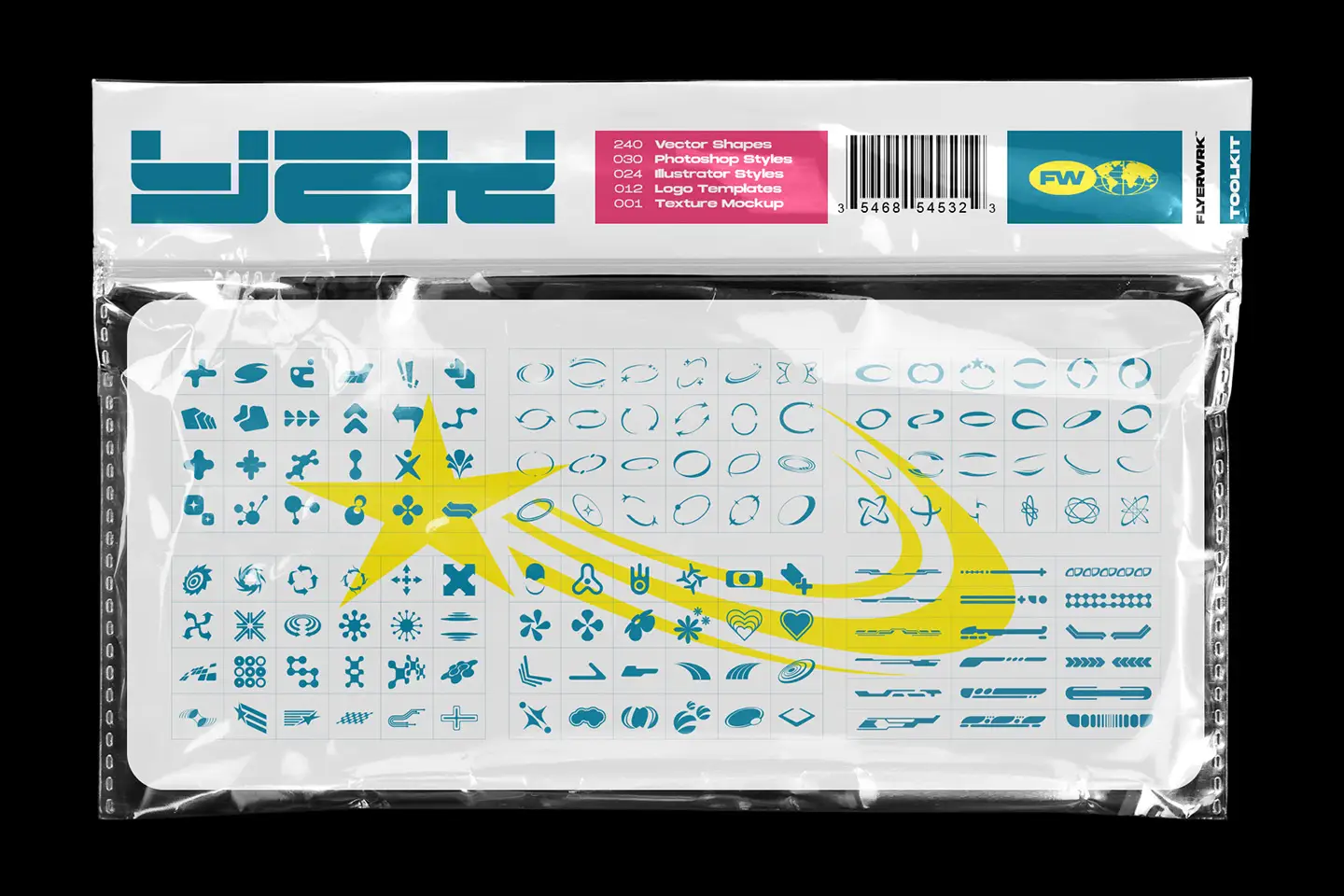 Y2K Toolkit vector shapes pack preview inside retro plastic packaging design