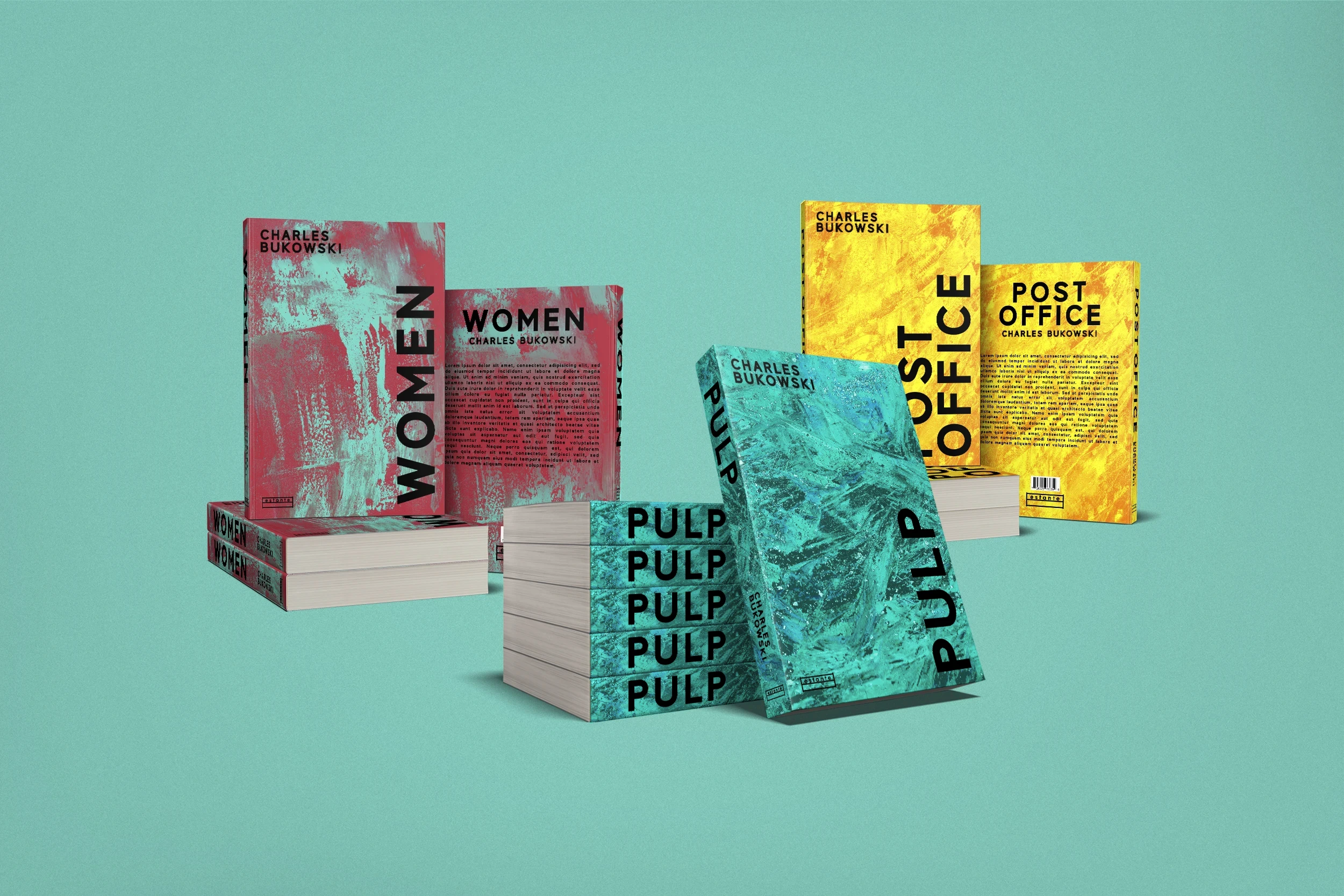 Contemporary book cover design collection for Charles Bukowski titles including Women, Pulp and Post Office, featuring expressive textures and modern typography.